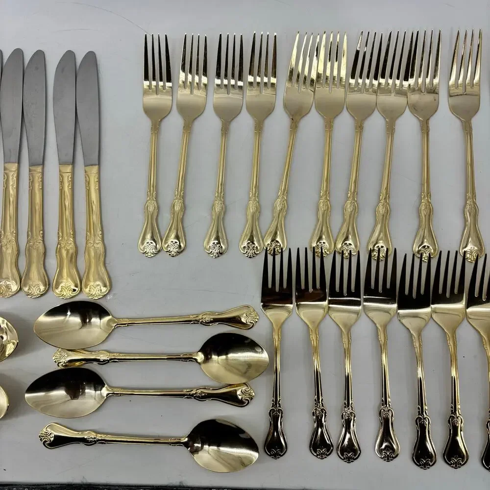 Alco Flatware Gold Tone Hollywood Regency Spoons Forks Knifes 49 Pcs